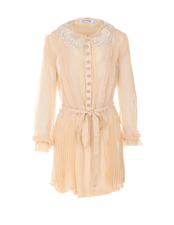 tan pleated georgette mini dress