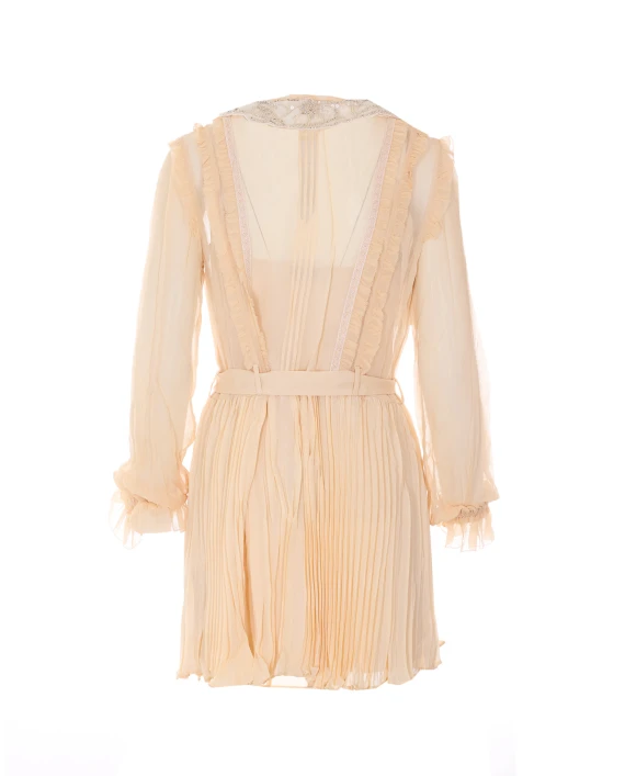 tan pleated georgette mini dress