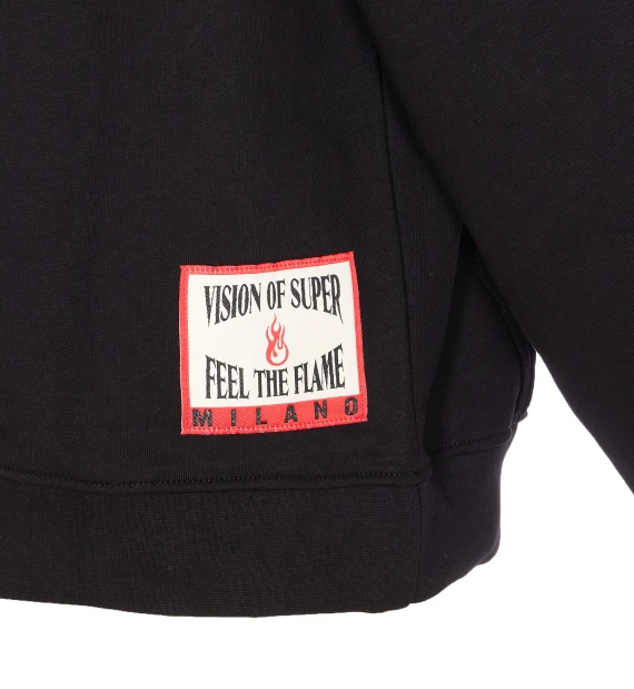 hoodie with embroidered flame and patch on back