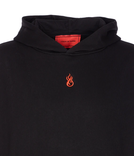 hoodie with embroidered flame and patch on back